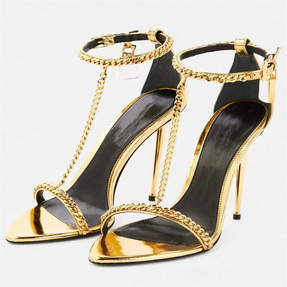 35 / Gold Chaussures Femme Hot Sale Chain Decor Open-toe Mujer Zapatos Hollow Out Ankle Strap High Heel Sandals Ladies Dating Club Sandals