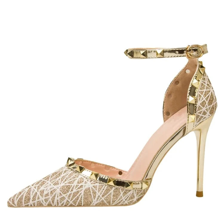 35 / Gold Thin heel shallow point perforated rivet one word belt shoes women heels