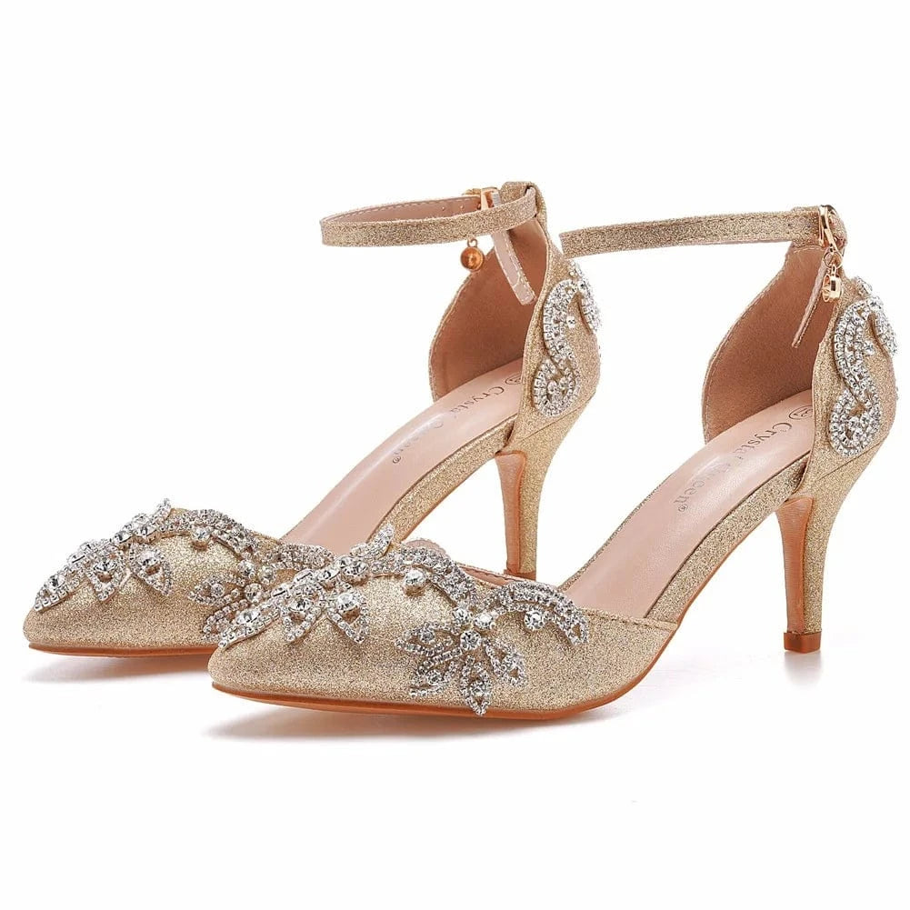 35 / Gold Women Wedding Shoes Classic Rhinestone Decor PU Pointed-toe Shoes Hollow Out Ankle Strap High Heel Sandals Ladies Bridal Sandals