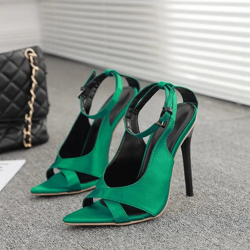 35 / Green 2022 latest catwalk women's shoes with satin pointed toe stiletto sandals