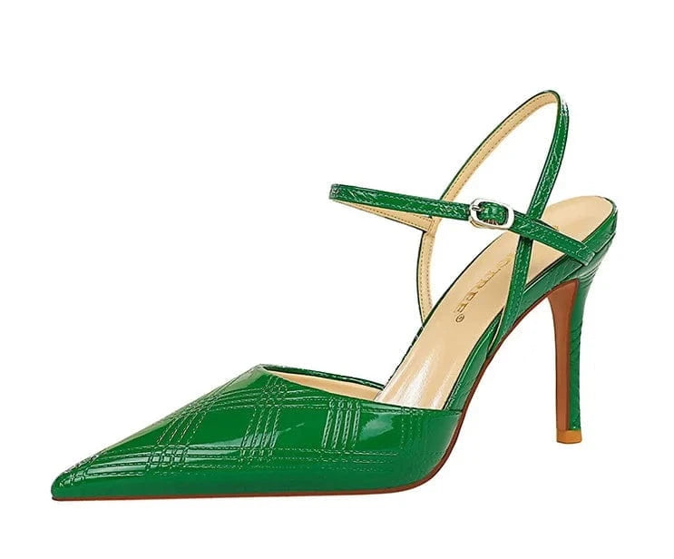 35 / Green Chaussures Femme Sexy Patent Leather Pointed-toe Shoes Ankle Strap Hollow Out High Heel Sandals Ladies Nightclub Party Sandalias