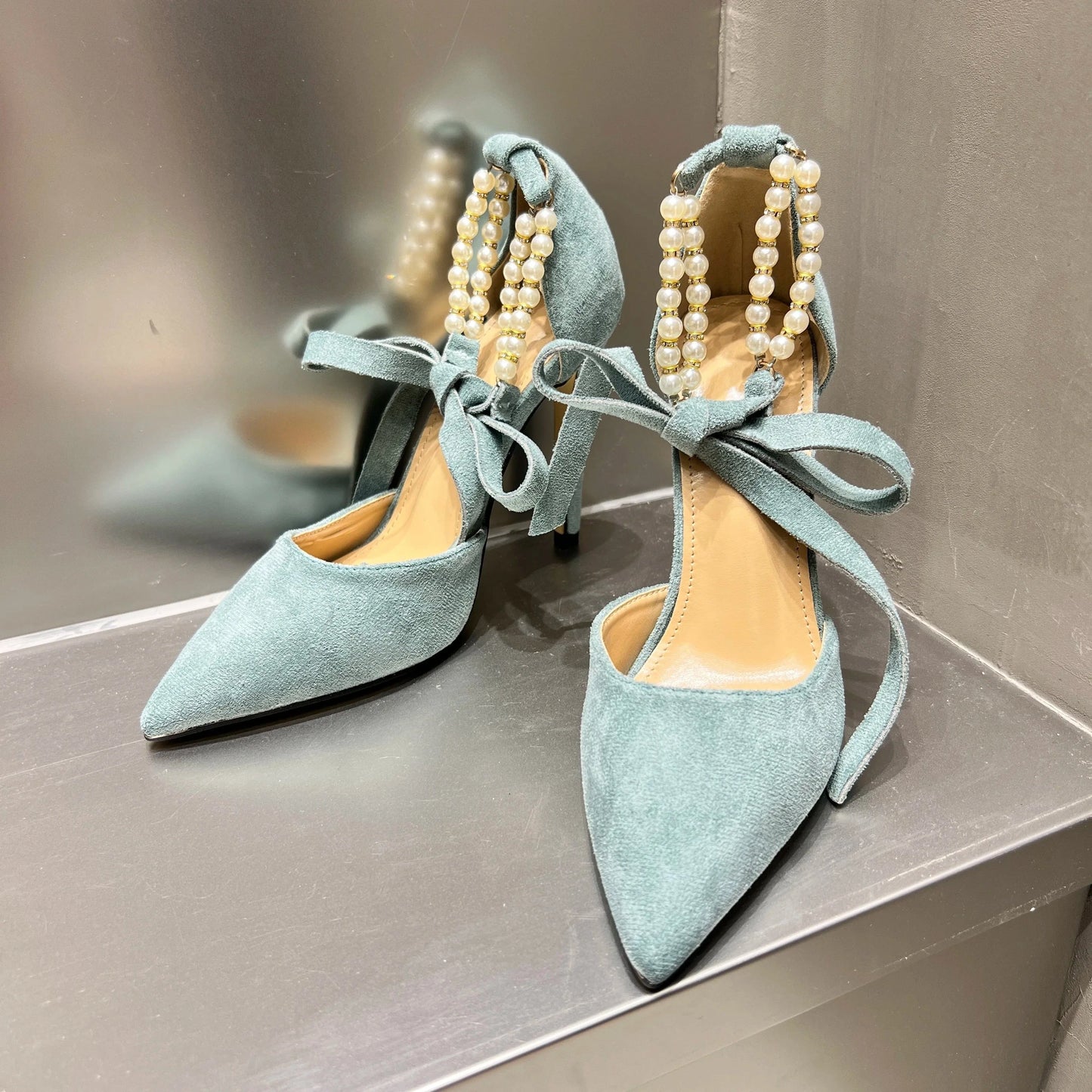 35 / Green Fashion Thick Heel Sandals Pointed Toe String Bead Chain High Heels Sweet Bow Ladies Pumps Mid Hollow Party Dress Single Shoes