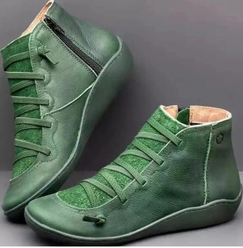 35 / Green Liu Ming Dropshipping Wholesale 2024 Autumn Winter Women Retro Fashion Pu Leather Flat Ankle Shoes
