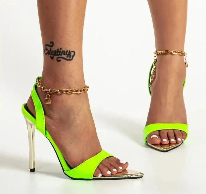 35 / Green Sexy women pink stiletto high heels chain straps ladies shoes high quality ankle buckled pointed toe  fashion heeled sandals