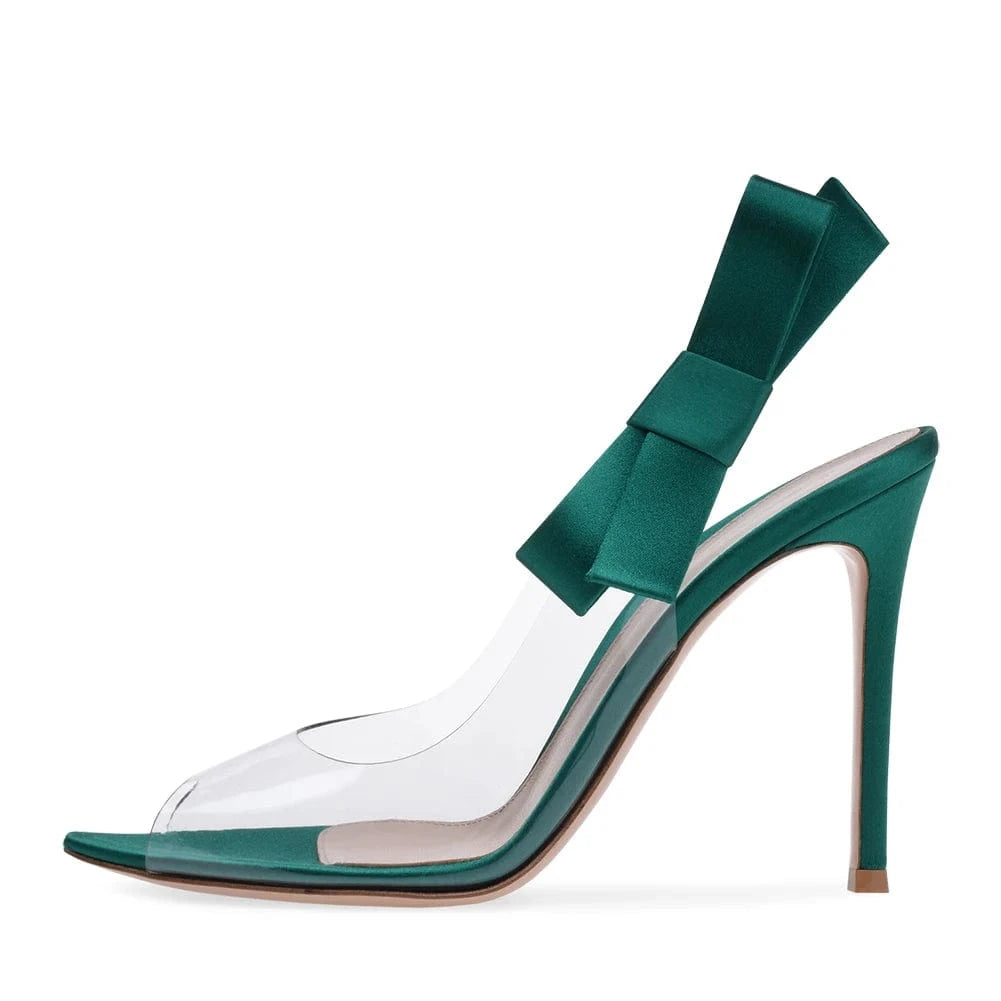 35 / Green Women Pointed Peep Toe High Heel Pumps Clear Heels With Bow Slingback Transparent Shoes