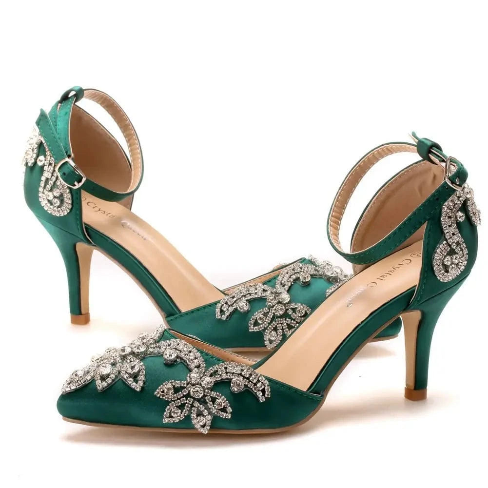 35 / Green Women Shoes 2023 Classic Silk Satin Rhinestone Decor Shoes Pointed-toe Roman Thin Heel Sandals For Female Wedding Banquet Sandal