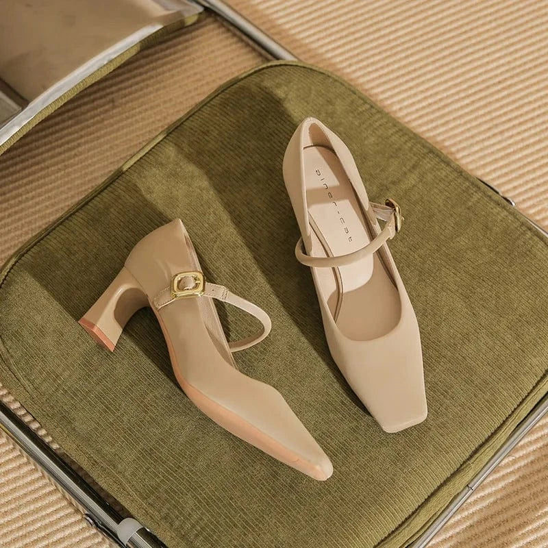 35 / Khaki 6cm Autumn Women Pumps Simple Solid Color Wrap-toe Mary Jane Zapatos De Mujer Square-toe Shallow High Heel Pumps Ladies Dating Shoes