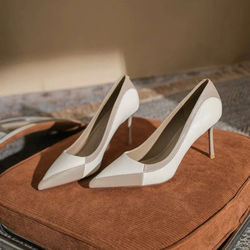 35 / Khaki 8cm Spring Women Stilettos Hot Sale Synthetic Leather Color Patchwork Shoes Wrap-toe Shallow High Heel Pumps For Ladies Career Shoes