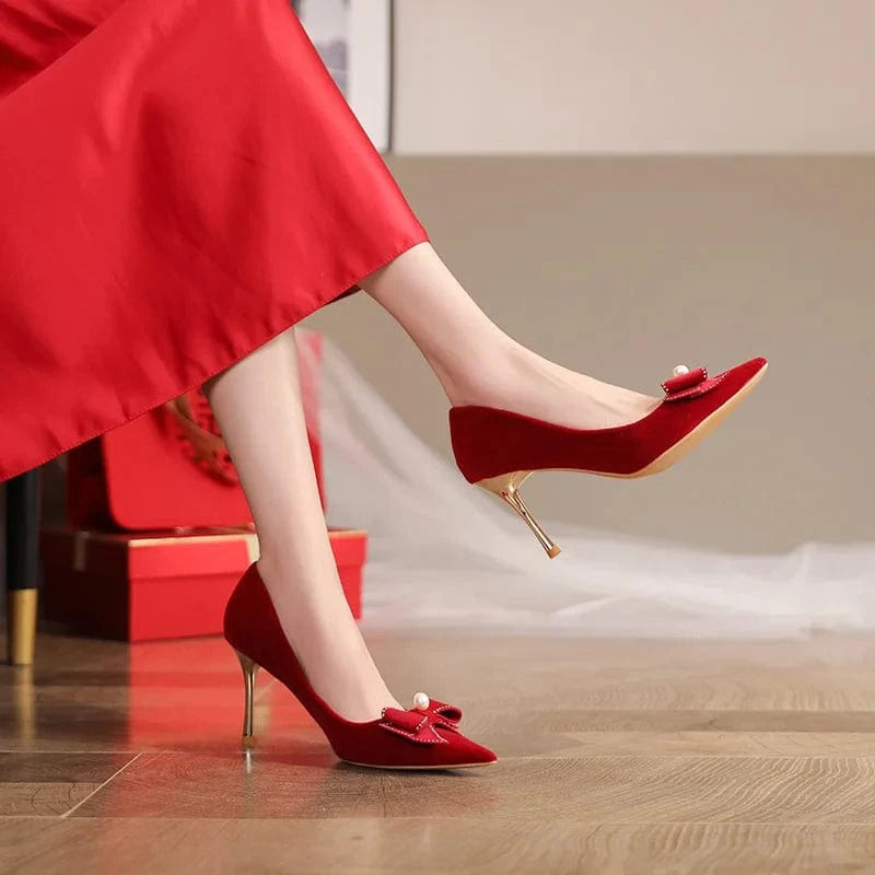 35 / Red 8cm China Latest Women's Red High Heel Spring Single Shoes Elegant Bow Bridesmaid Shoes women high heel shoes