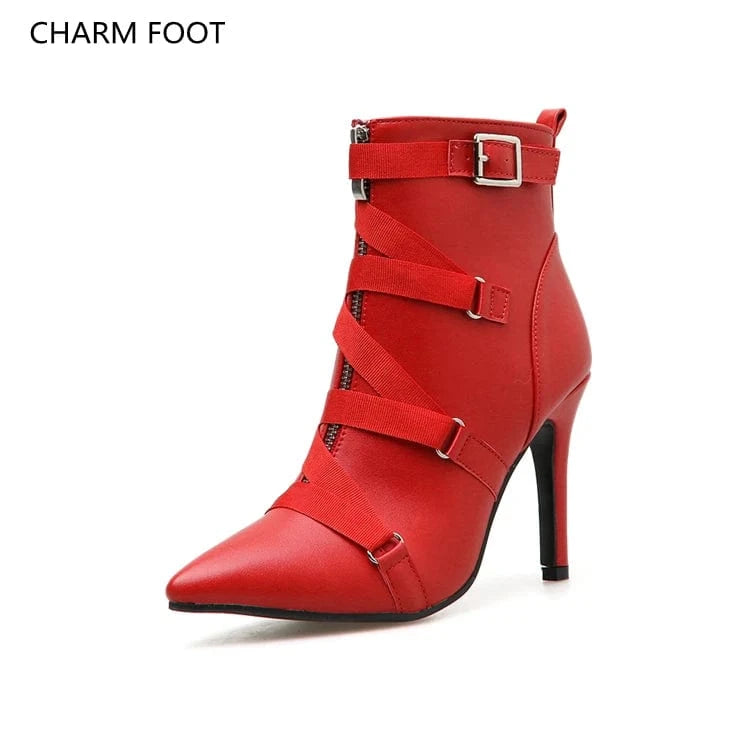 35 / Red Cross border European and American model sharp scalp buckle high heel women's boots large size fashion personality