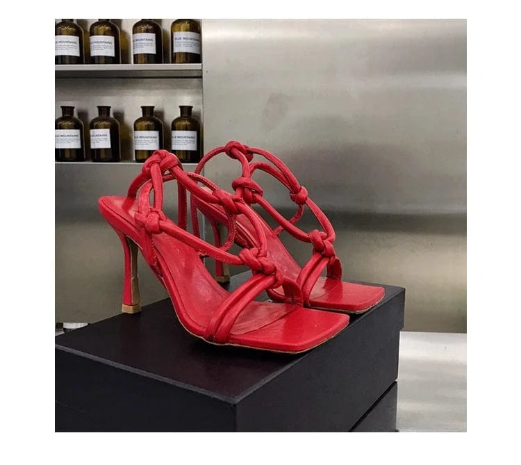 35 / Red factory price custom made low price colors square toe stiletto knitted special design women heel sandals for ladies