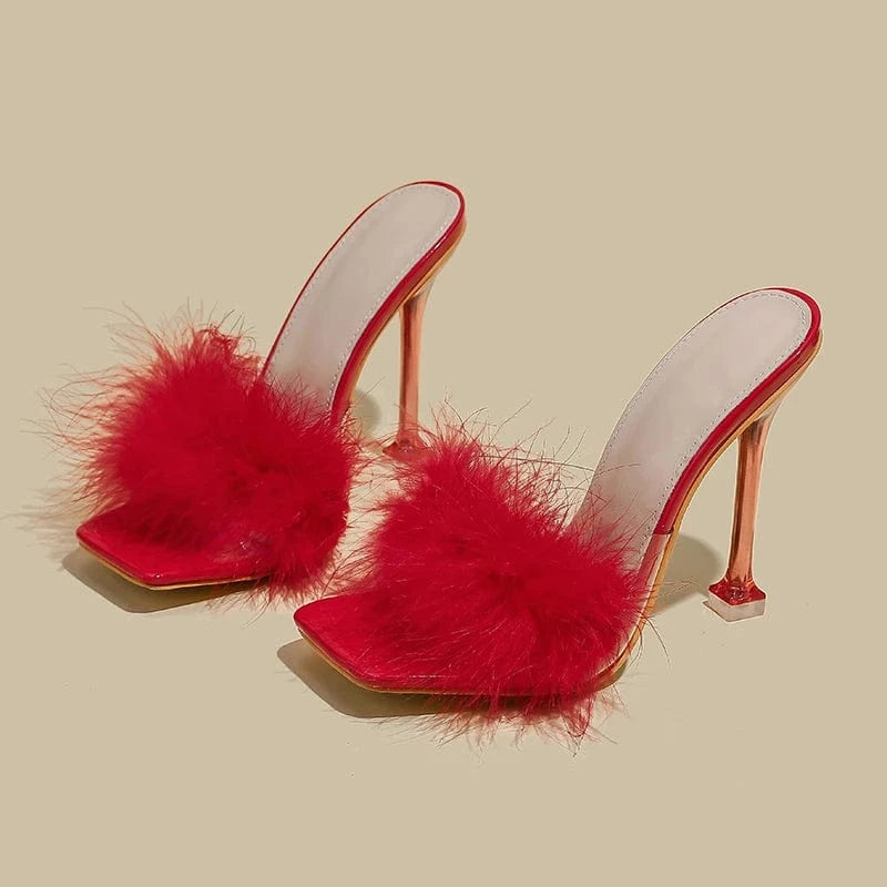 35 / Red Summer Fashion Pu Open toe 2022 New Plush Solid color Simple Square Head High-heeled White Sandals 35-42 Women's Shoes