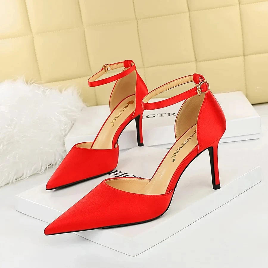 35 / Red Women Shoes 2023 Comfortable Silk Satin Pointed-toe Shoe Hollow Out Ankle Strap High Heels Sandals Ladies Dating Shopping Sandal