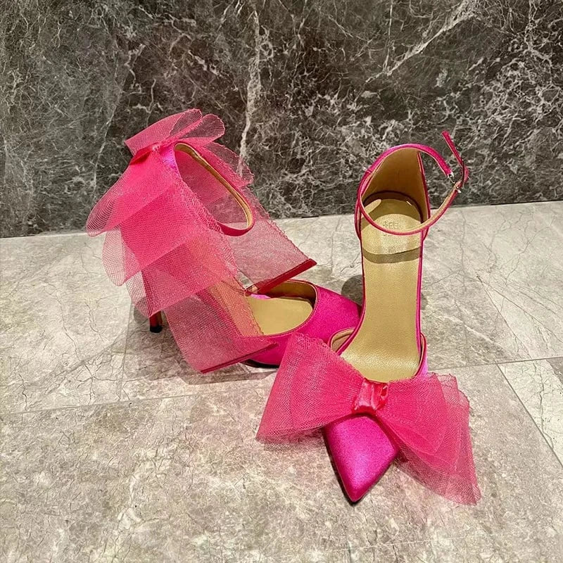 35 / Rose Red 8cm Chaussures Femme Elegant Silk Satin Bowknot Decor Shoes Hollow Out Ankle Strap High Heel Sandals Ladies Dating Banquet Sandalias
