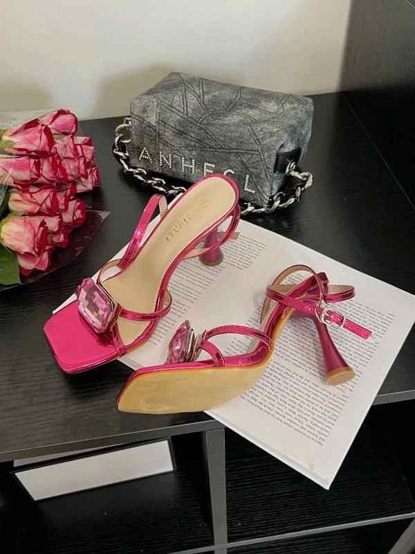35 / ROSE RED Fashion New 2024 fashion new large diamond buckle with high heel sandals party women's shoes
