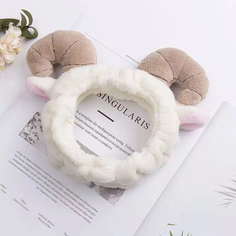35 Sheep Horn Beige Elastic Headband Custom Logo OMG Bowknot Wash Face Hairband Rabbit Cat Ear Cute Plush Lady Soft Women Elastic Hair Band Flannel Make up Headbands