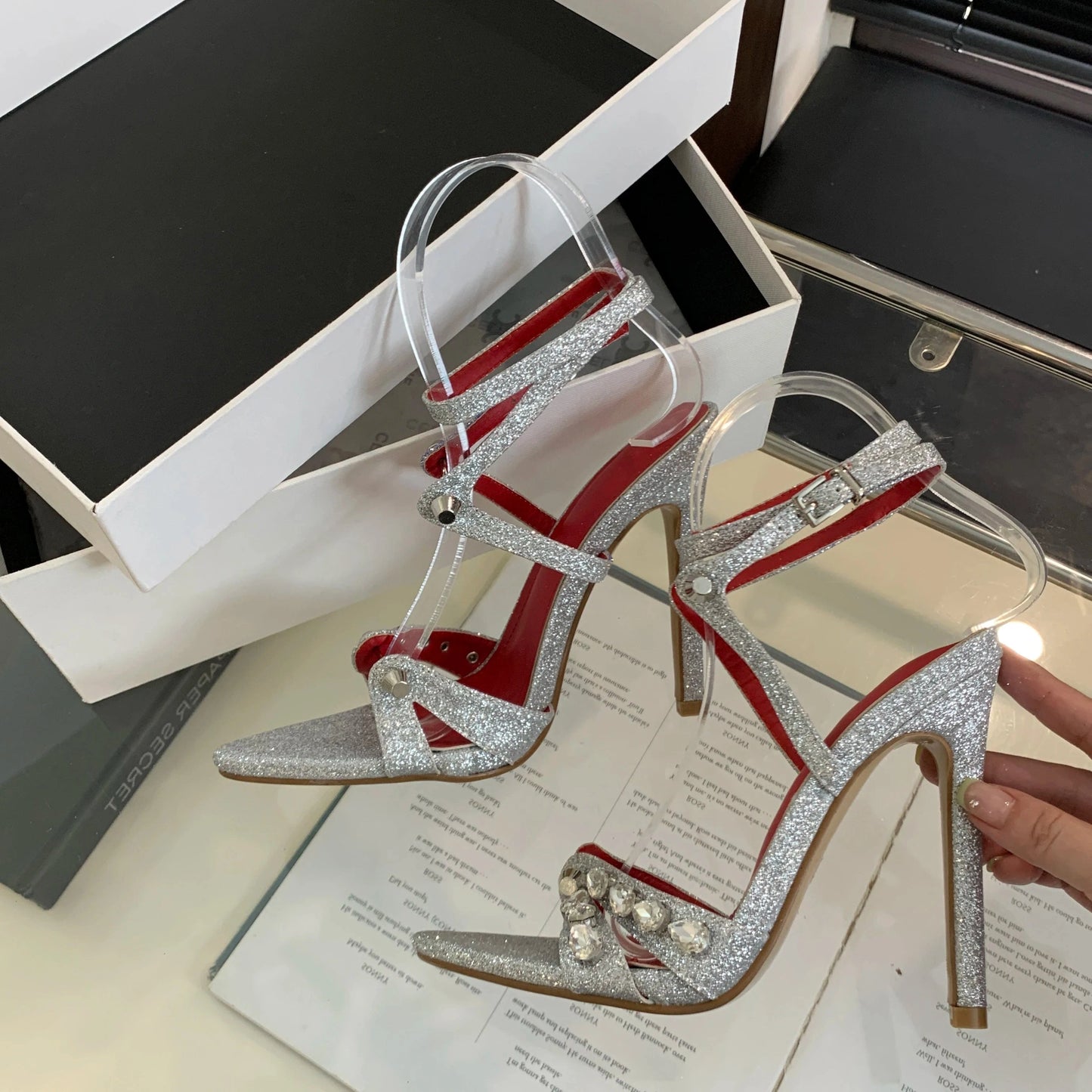 35 / silver 2024 New pointed rhinestone decorative high heel women's sandals sequined women's sandals 35-42
