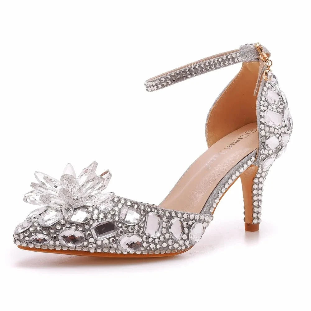 35 / Silver White Chaussures Femme Luxury Crystal Buckle Pointed-toe Roman Shoes Slingback Hollow Out High Heel Sandals For Ladies Banquet Sandals