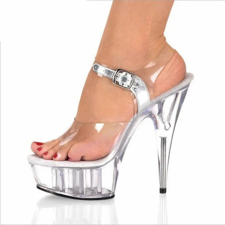 35 / sliver New deign sexy women clear PVC platform high heel ankle sandals peep Toe sexy night club Ladies shoes Genuine Leather high heels
