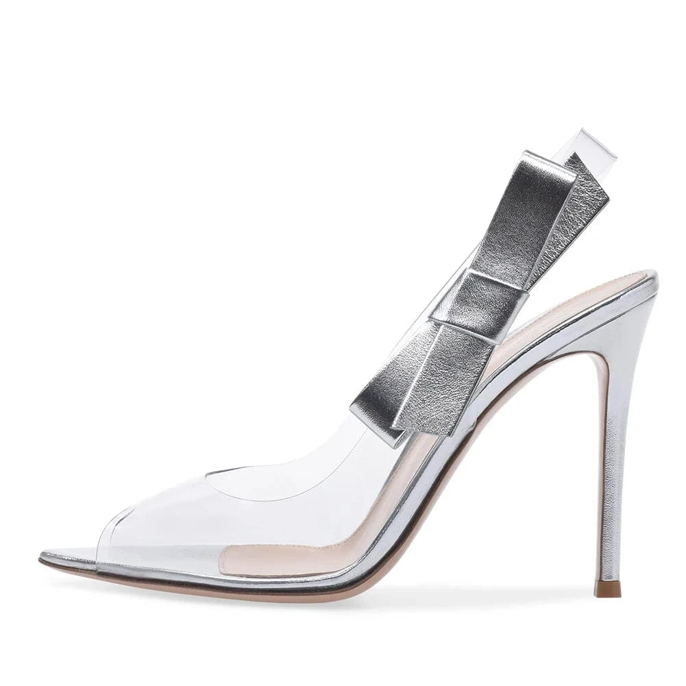 35 / Sliver Women Pointed Peep Toe High Heel Pumps Clear Heels With Bow Slingback Transparent Shoes