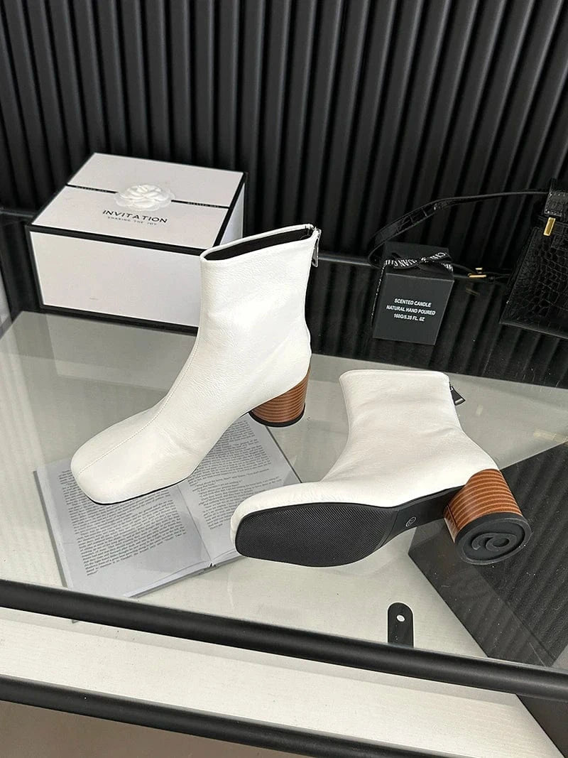 35 / White 2024 autumn thick heel short boots daily commuting versatile rear zipper short boots simple big-name elegant boots