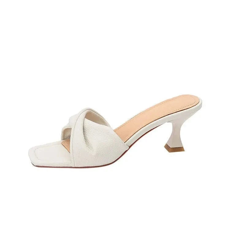 35 / White ladies Square toe block heels women's shoes new summer women vintage fashion slippers wear high heeled sandals
