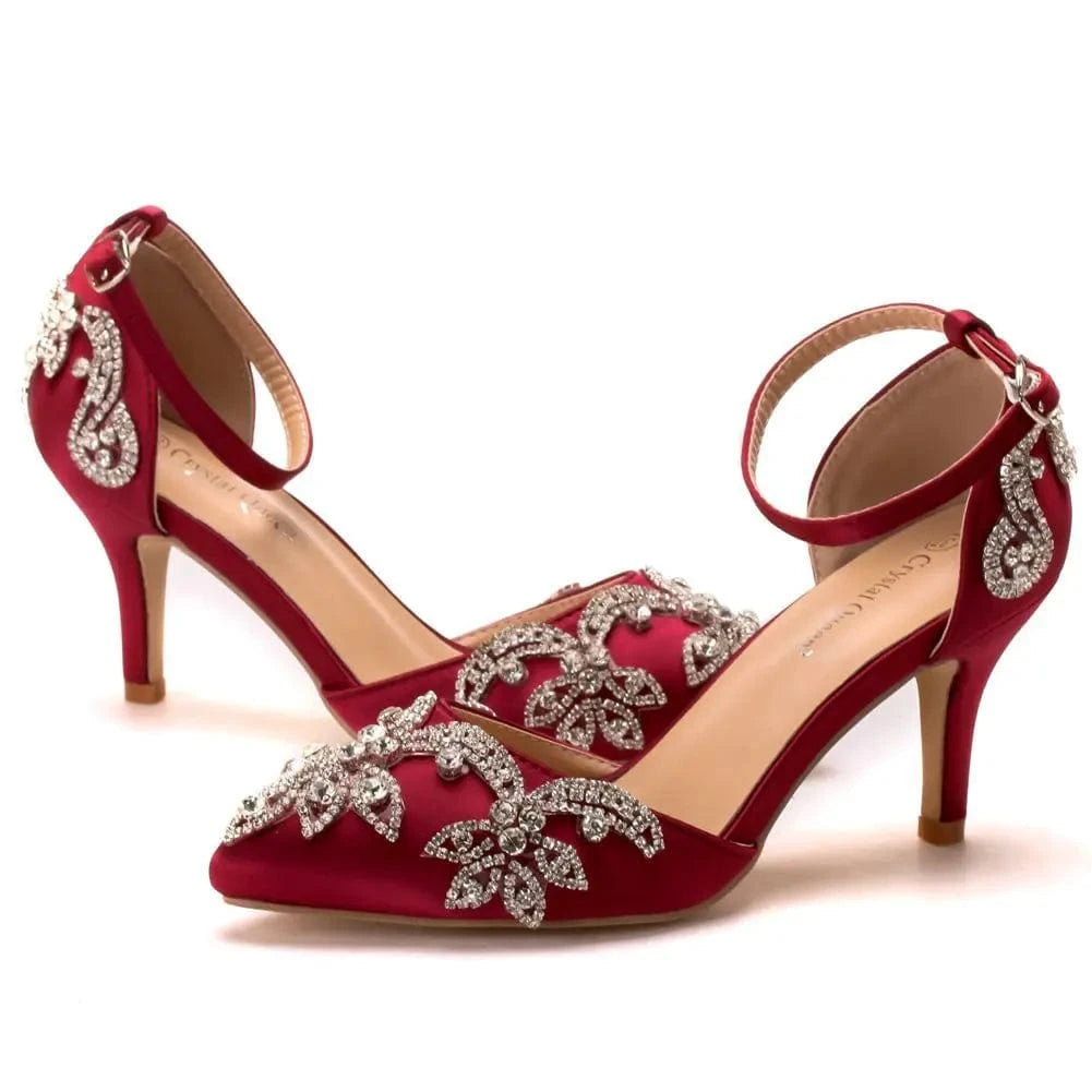 35 / Wine Red Women Shoes 2023 Classic Silk Satin Rhinestone Decor Shoes Pointed-toe Roman Thin Heel Sandals For Female Wedding Banquet Sandal
