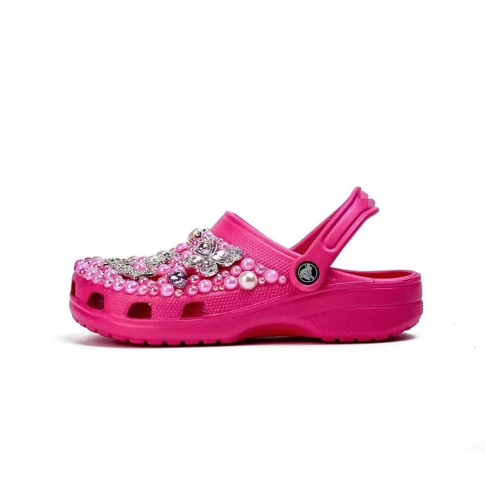 36-46 SIize New Sandals Rose Red Pearl Rhinestone Flower Summer Women's Slippers Home Fashion Beach Women's Hole Shoes
