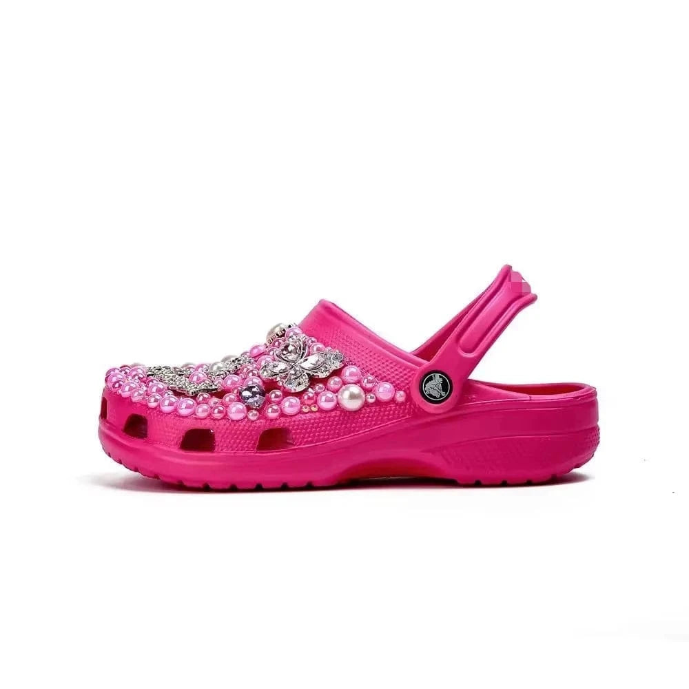36-46 SIize New Sandals Rose Red Pearl Rhinestone Flower Summer Women's Slippers Home Fashion Beach Women's Hole Shoes