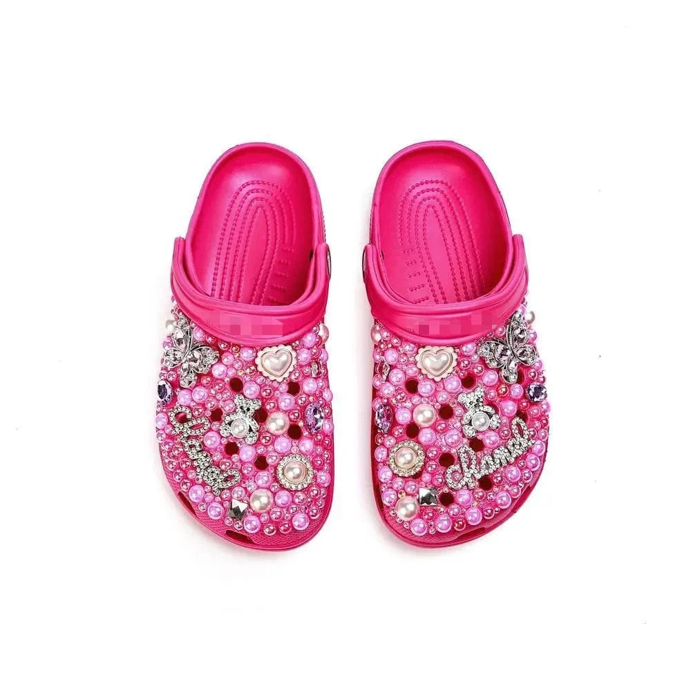 36-46 SIize New Sandals Rose Red Pearl Rhinestone Flower Summer Women's Slippers Home Fashion Beach Women's Hole Shoes