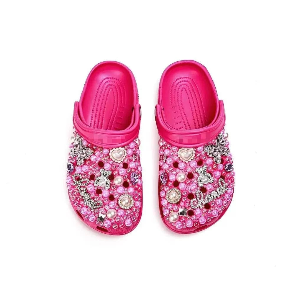36-46 SIize New Sandals Rose Red Pearl Rhinestone Flower Summer Women's Slippers Home Fashion Beach Women's Hole Shoes