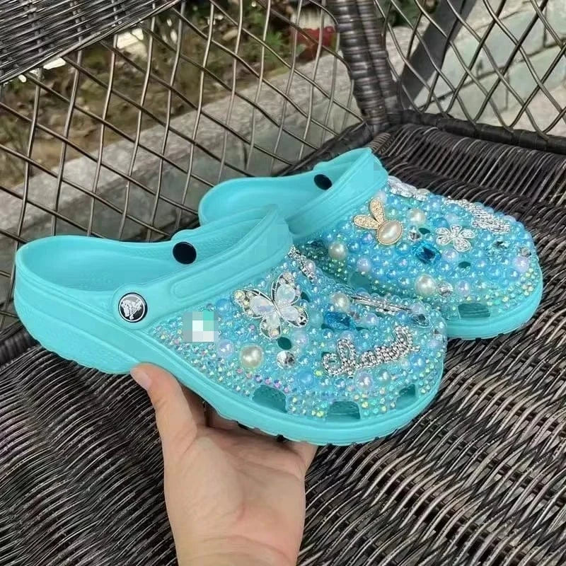 36-46 SIize New Sandals Rose Red Pearl Rhinestone Flower Summer Women's Slippers Home Fashion Beach Women's Hole Shoes