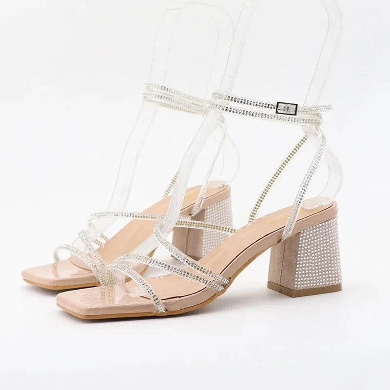 36 / Apricot Chaussures Femme Hot Sale Rhinestone Decor Square-toe Roman Shoes Cross Strap Lace Up Chunky Heels Sandals Ladies Dating Sandals