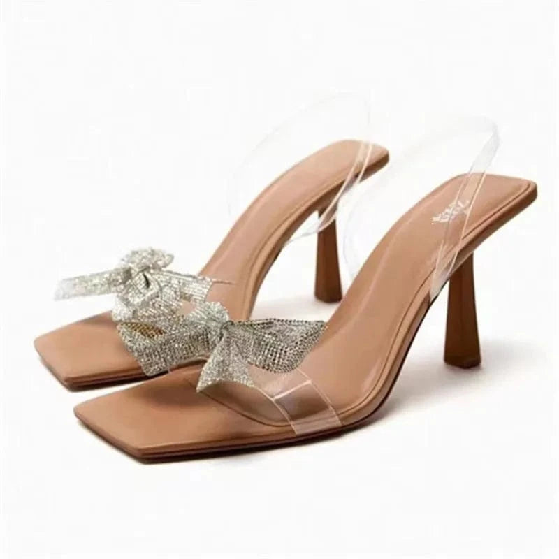 36 / Apricot TRAF Summer Women Pumps Fashion Butterfly Heels Pearl Heels Clear Bow Slingback Heeled Transparent shoes Woman Office Shoe