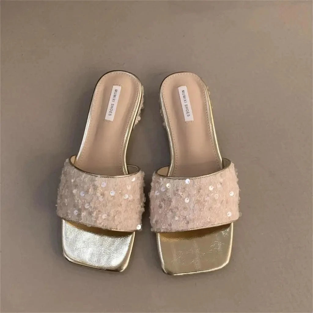 36 / Beige Dropshipping Custom Logo Silver Sequin 2024 New Block Heeled Sandals Summer Square-Head Slides Slippers for Women