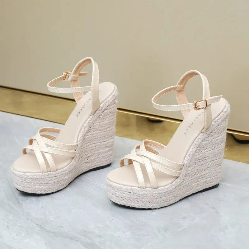 36 / Beige Summer Sandals Women Simple Solid Color Round Toe Shoe Open-toe Ankle Strap Large Size Wedge Heels Sandals For Ladies Travelling