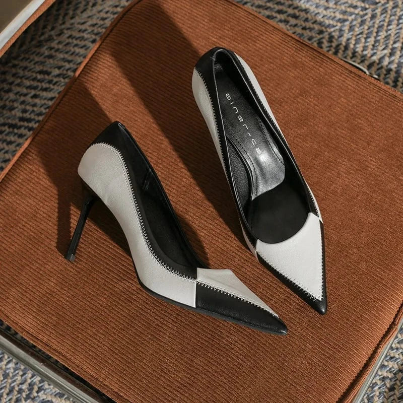 36 / Black 6cm Spring Women Stilettos Hot Sale Synthetic Leather Color Patchwork Shoes Wrap-toe Shallow High Heel Pumps For Ladies Career Shoes