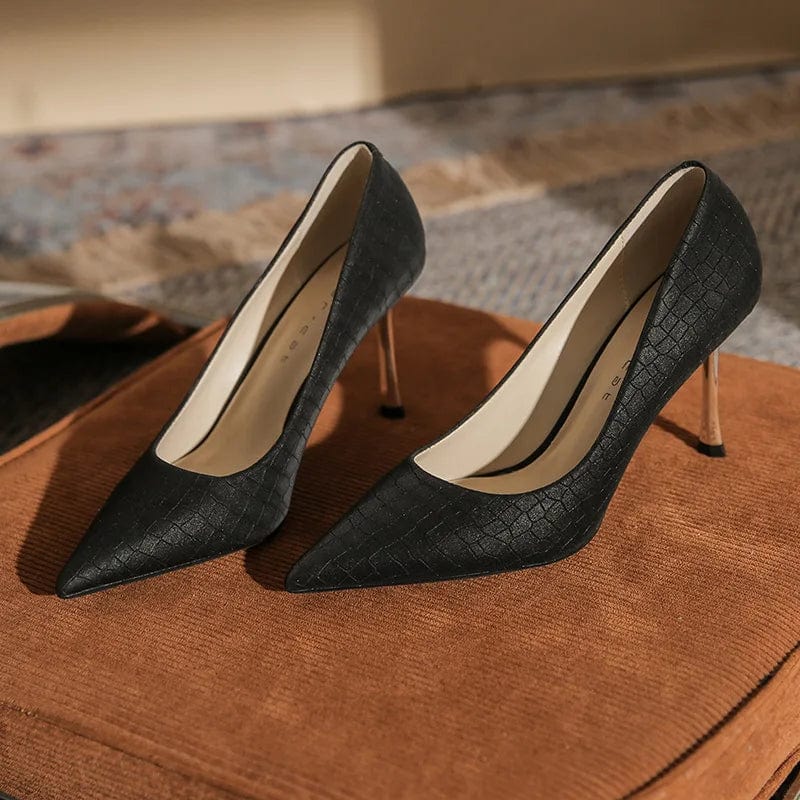 36 / Black 8cm New Women Stilettos Retro Synthetic Leather Crocodile Print Shoes Solid Color Pointed-toe High Heeled Pumps Ladies Banquet Shoes