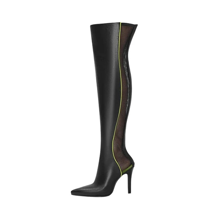 36 / Black Big Size 46 Women fishnet Summer Over Knee Boots Ladies Leather Mesh Patchwork Pointed toe Long Thigh High Stiletto Booties