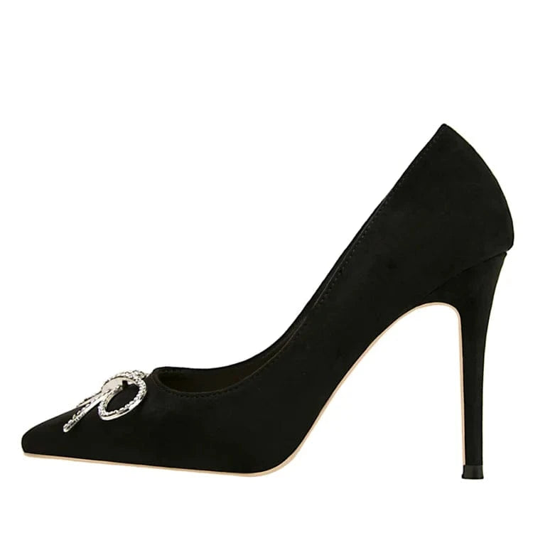 36 / Black Bow tie with metal drill buckle shoes women heels