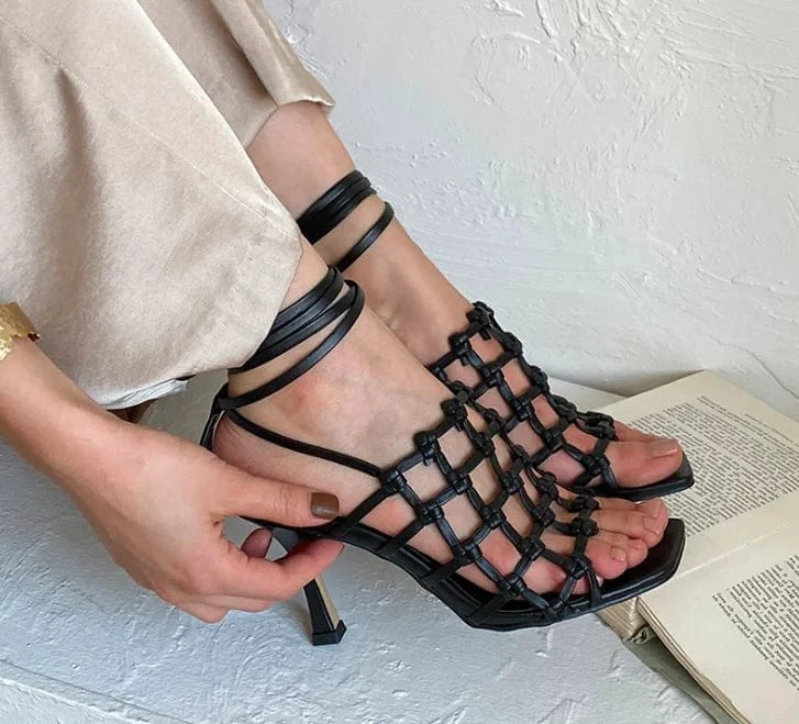 36 / Black Hot selling low price peep toe ankle strap Ornamental openwork fabric mid heel square toe ladies sandals