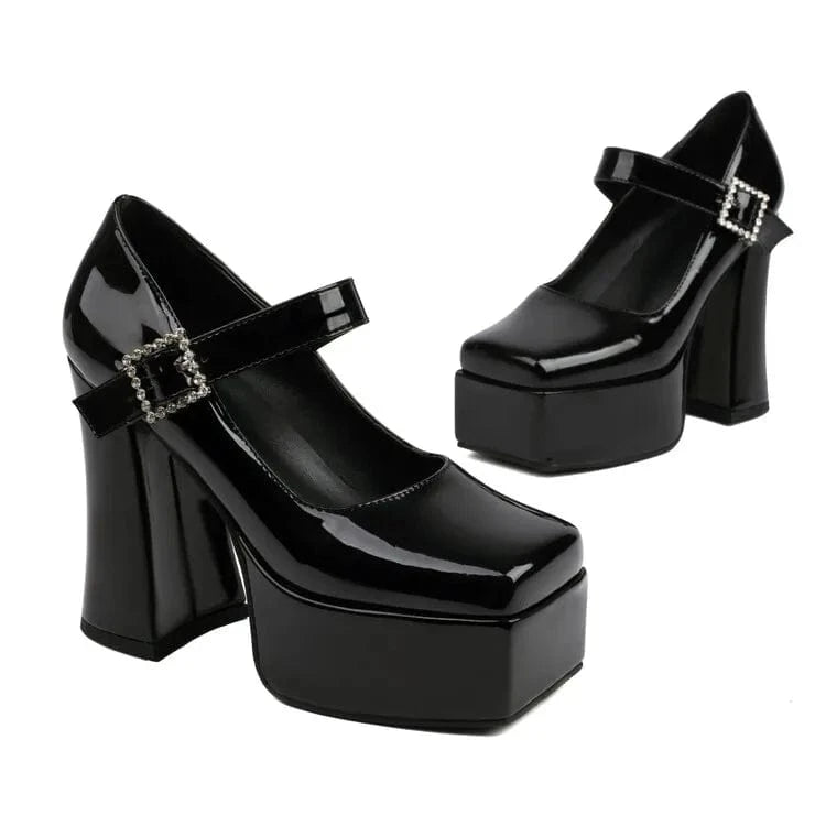 36 / Black Size 45 Wide Fit Ladies Pumps High Platform Chunky High Heels Shoe Square Toe Women Buckle Strap Mary Jane Shoes
