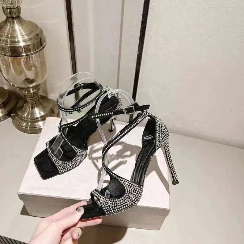 36 / Black Summer Sandals Women Sexy Rhinestone Decor Mujer Zapatos Ankle Strap Large Size High Heel Sandals For Ladies Nightclub Sandalias