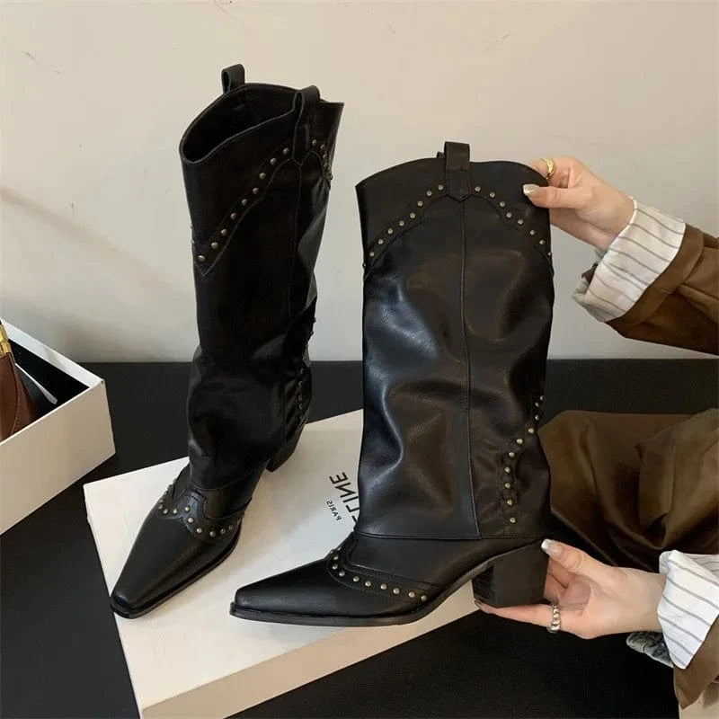 36 / Black Woman Cowgirl Boots Fashion Slip On Ladies Elegant Square Heel Long Pipe Boots Shoes Retro Women's Winter Footwear