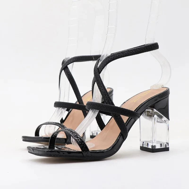 36 / Black Women Casual Sandals Top Sell Solid Color Square-toe Shoe Open-toe Cross Strap High Heel Sandals For Ladies Dating Shopping Shoe