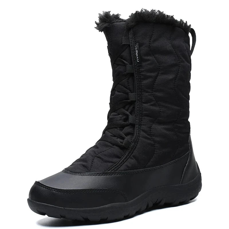 36 / Black Women's Warm Waterproof Cold-Resistant Furry Collar Outdoor Mid Calf Easy Wear Lace-up Winter Snow Boots