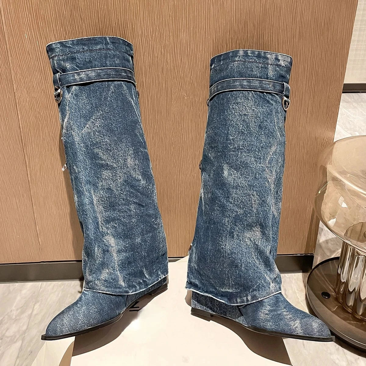 36 / Blue Denim Overlay Knee High Pockets Pants Boots Women Wedge Heels Shoes Folded Over Upper Pointed toe Metal Shark Lock Booties