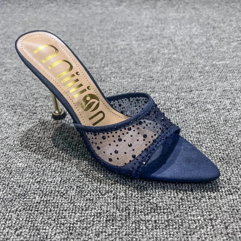 36 / Blue Dropshipping Custom Logo Mesh Rhinestone Sexy Stiletto Heeled Sandals Pointed Toe High Heels Slippers for Women