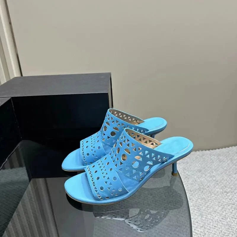36 / Blue Hollow open toe slippers girls office shoes ladies fashion high heels genuine leather luxury women's sandals