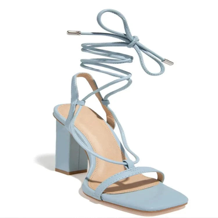 36 / Blue New arrival square toe lace up sandal stiletto sexy women fashion heels wholesale heel mature women women shoes high heels